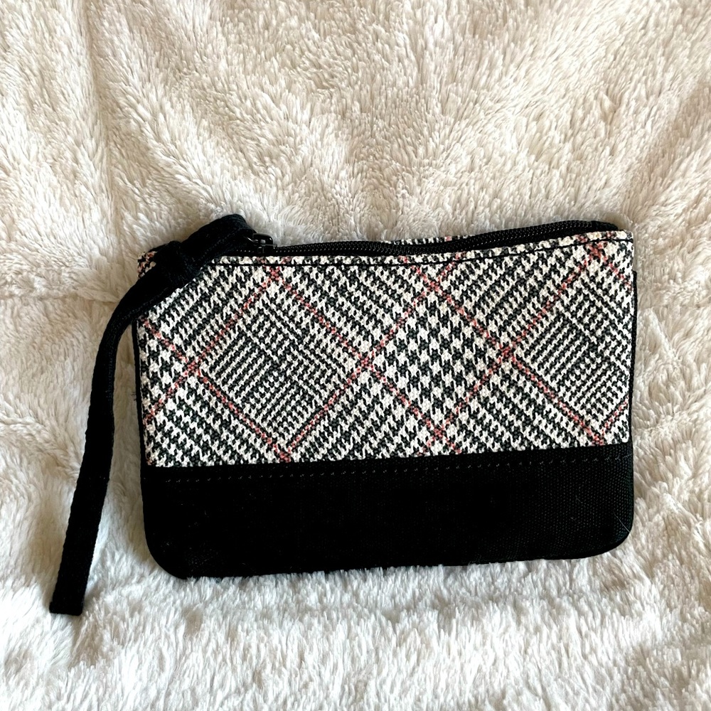 Black/white with red accent stripe wristlet. Outside button close slip pocket. - Picture 2 of 4